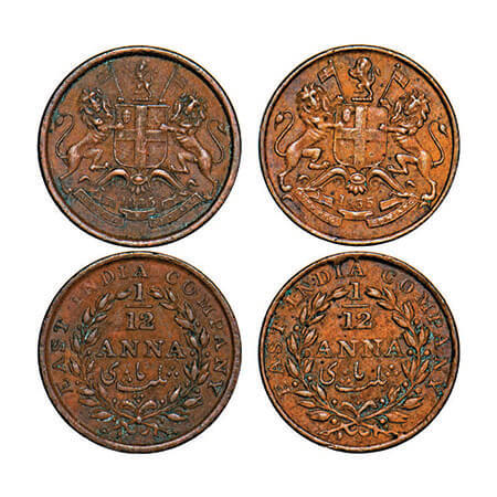 William IV, Copper, 1/12 Anna, (2 coins), 1835, Madras Mint, Head Type II, Wreath with 13 