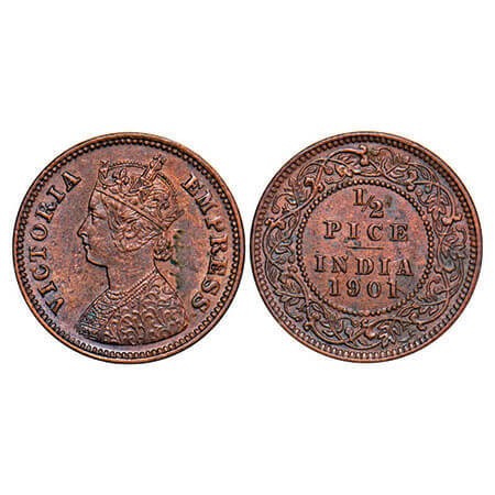 Victoria Empress, Copper, 1/2 Pice, 1901, Calcutta Mint, A/I, No mint mark, Ghost on Rev. 