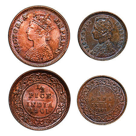 Victoria Empress, Copper, (2 coins), 1901, Calcutta Mint, 1) 1/2 Pice, A/I, No mint mark, 