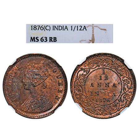 Victoria Queen, Copper, 1/12 Anna, 1876, Calcutta Mint, Obv A, No mint mark. F. Prid 785. 