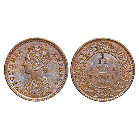Victoria Empress, Copper, 1/12 Anna, 1901, Calcutta Mint, Obv B, No mint mark, Die cracks 
