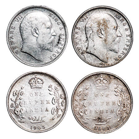 Edward VII, Silver, Rupee, (2 coins), 1903, Bombay Mint, 1) ‘B’ raised and no dot, 2) ‘B’ 