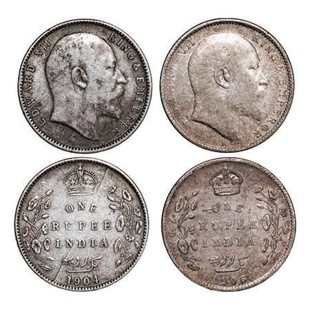 Edward VII, Silver, Rupee, (2 coins), Bombay Mint, 1) 1904, ‘B’ incused and dot, Five Diam