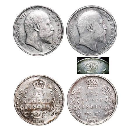 Edward VII, Silver, Rupee, (2 coins), Bombay Mint, 1) 1904, ‘B’ incused and dot, Bottom st