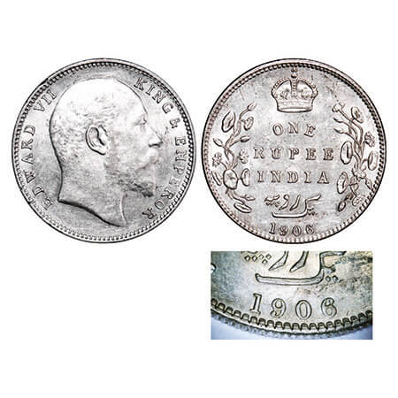 Edward VII, Silver, Rupee, 1906, Bombay Mint, ‘B’ incused and dot, Numeral 6 strucked on n
