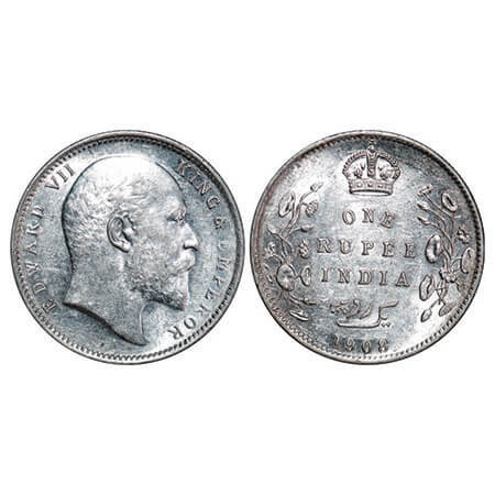 Edward VII, Silver, Rupee, 1908, Calcutta Mint, No mint mark, Ghost and die crack on Rev. 