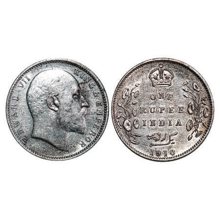Edward VII, Silver, Rupee, 1910, Calcutta Mint, No mint mark. F. Prid 196. GK 955. Almost 