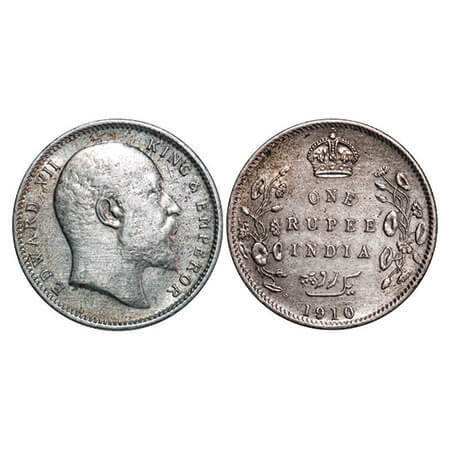 Edward VII, Silver, Rupee, 1910, Calcutta Mint, No mint mark. F. Prid 196. GK 955. About U