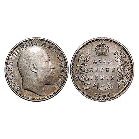 Edward VII, Silver, Half Rupee, 1906, Calcutta Mint, No mint mark. F. Prid 310. GK 964. Ex