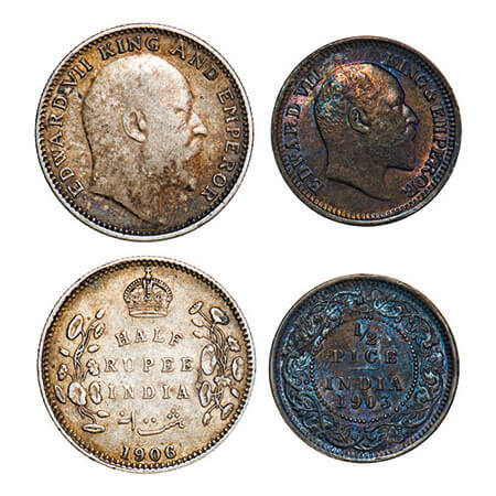 Edward VII, Mixmetal, (2 coins), 1) Silver, Half Rupee, 1906, Calcutta Mint, No mint mark,
