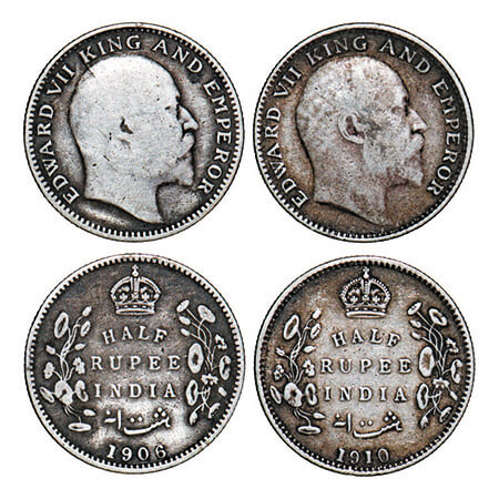 Edward VII, Silver, Half Rupee, (2 coins), Bombay Mint, 1) 1906, ‘B’ incused and no dot, 2