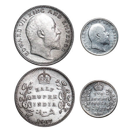 Edwrad VII, Silver, (2 coins), 1) Half Rupee, 1907, Calcutta Mint, No mint mark, Ghost on 