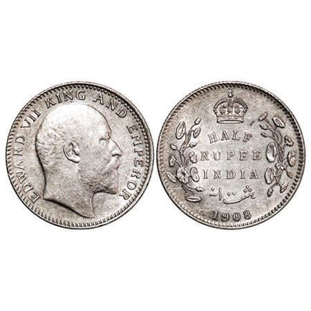 Edward VII, Silver, Half Rupee, 1908, Calcutta Mint, No mint mark. F. Prid 312. GK 968. Ex