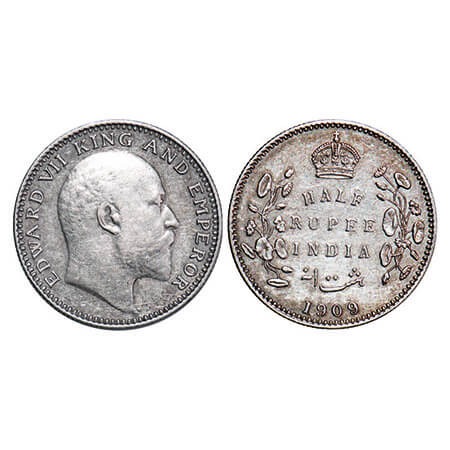 Edward VII, Silver, Half Rupee, 1909, Calcutta Mint, No mint mark. F. Prid 313. GK 969. Ex