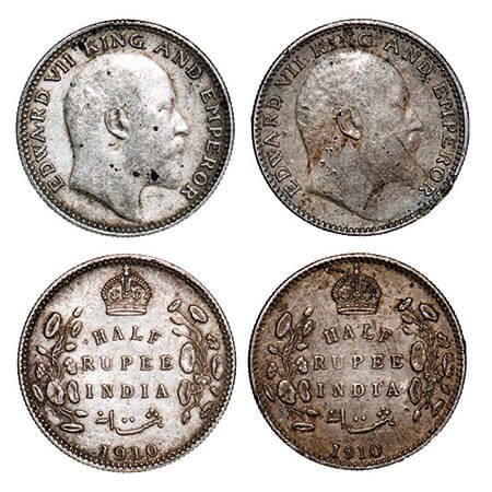 Edward VII, Silver, Half Rupee, (2 coins), 1910, 1) Bombay Mint, ‘B’ incused and dot, 2) C