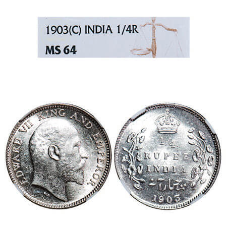 Edward VII, Silver, 1/4 Rupee, 1903, Calcutta Mint, No mint mark. F. Prid 432. GK 972. NGC