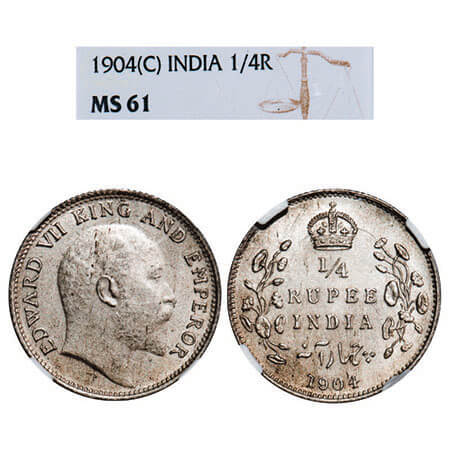 Edward VII, Silver, 1/4 Rupee, 1904, Calcutta Mint, No mint mark. F. Prid 433. GK 973. NGC