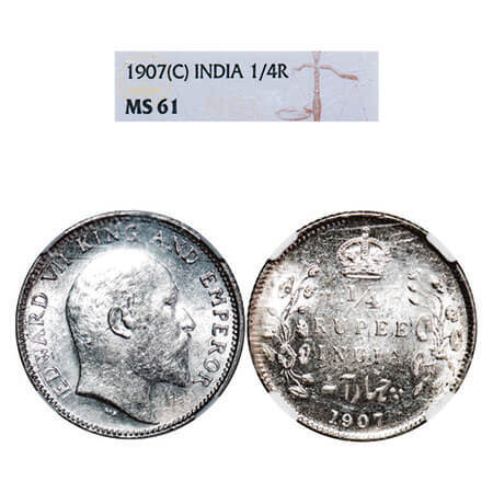 Edward VII, Silver, 1/4 Rupee, 1907, Calcutta Mint, No mint mark. F. Prid 436. GK 976. NGC