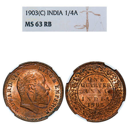 Edward VII, Copper, Quarter Anna, 1903, Calcutta Mint, No mint mark. F. Prid 646. GK 994. 