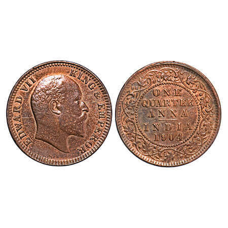 Edward VII, Copper, Quarter Anna, 1904, Calcutta Mint, No mint mark, Die crack on Obv and 