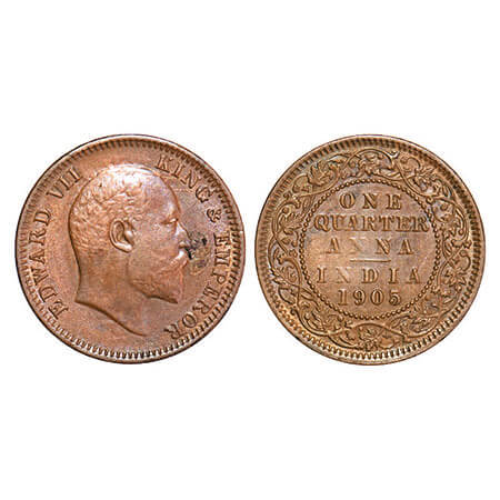 Edward VII, Copper, Quarter Anna, 1905, Calcutta Mint, No mint mark, Ghost on Rev. F. Prid