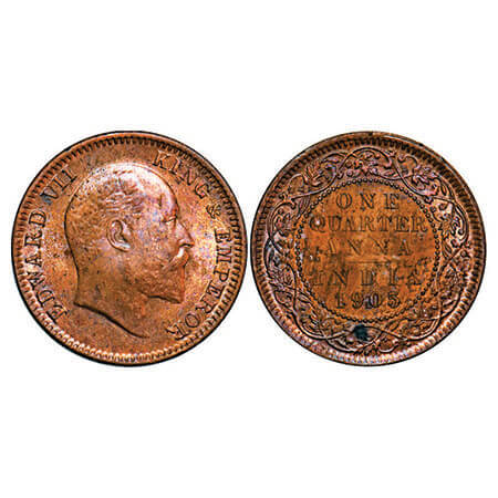 Edward VII, Copper, Quarter Anna, 1905, Calcutta Mint, No mint mark. F. Prid 649. GK 996. 