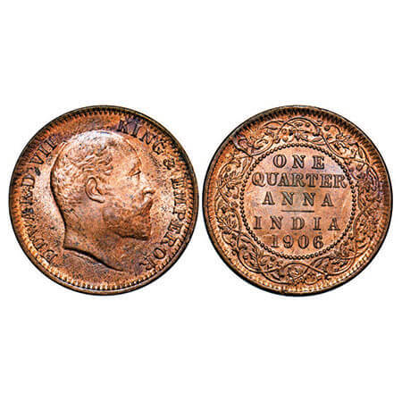 Edward VII, Copper, Quarter Anna, 1906, 6.69g, Calcutta Mint, No mint mark, Die cracks on 
