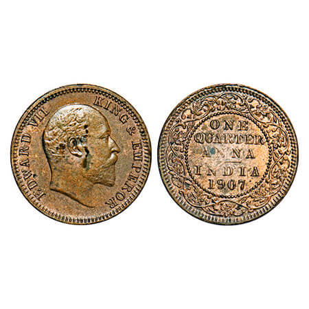Edward VII, Bronze, Quarter Anna, 1907, Calcutta Mint, No mint mark. F. Prid 652. GK 999.