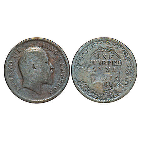 Edward VII, Bronze, Quarter Anna, 1908, Calcutta Mint, No mint mark, Complete skull ghost 
