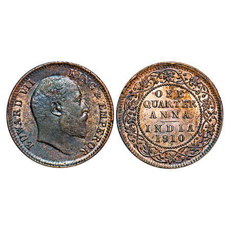 Edward VII, Bronze, Quarter Anna, 1910, Calcutta Mint, No mint mark, Die crack on Rev, Gho