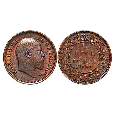 Edward VII, Copper, 1/2 Pice, 1905, Calcutta Mint, No mint mark. F. Prid 738. GK 1005. Ext
