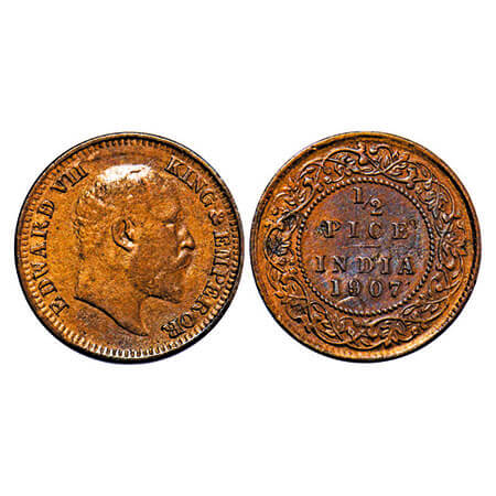 Edward VII, Bronze, 1/2 Pice, 1907, Calcutta Mint, No mint mark, Ghost on Rev. F. Prid 741