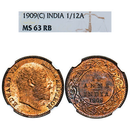 Edward VII, Bronze, 1/12 Anna, 1909, Calcutta Mint, No mint mark. F. Prid 825. GK 1019. NG