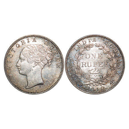 Victoria Queen, Silver, Rupee, 1840, CL, Bombay Mint, A/I, English Head with bud leaves ab