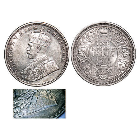 George V, Silver, Rupee, 1911, Calcutta Mint, No dot, Pig-Type, Raised initials ‘B M’ (Ber
