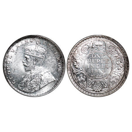 George V, Silver, Rupee, 1913, Bombay Mint, Dot, Die crack on Rev. F. Prid 219. GK 1028. M
