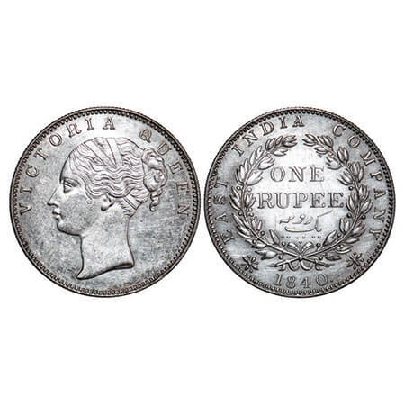 Victoria Queen, Silver, Rupee, 1840, CL, Bombay Mint, A/IV, English Head, With bud leaves 