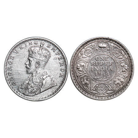George V, Silver, Rupee, 1914, Calcutta Mint, No dot. F. Prid 210. GK 1029. About Uncircul