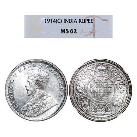 George V, Silver, Rupee, 1914, Calcutta Mint, No dot. F. Prid 210. GK 1029. NGC Slabbed MS