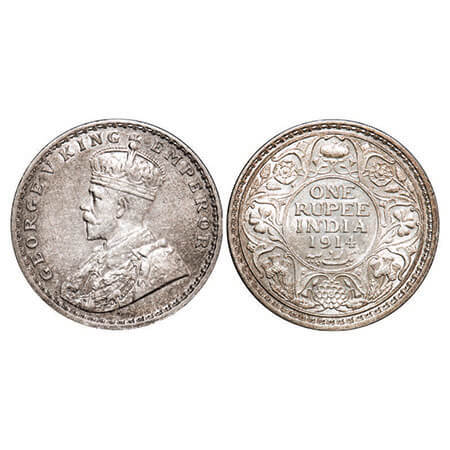 George V, Silver, Rupee, 1914, Calcutta Mint, No dot. F. Prid 210. GK 1029. Almost Uncircu