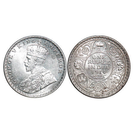 George V, Silver, Rupee, 1914, Calcutta Mint, No dot. F. Prid 210. GK 1029. Uncirculated. 