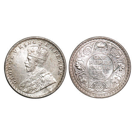 George V, Silver, Rupee, 1914, Calcutta Mint, No dot. F. Prid 210. GK 1029. Uncirculated. 