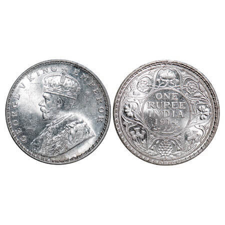 George V, Silver, Rupee, 1914, Bombay Mint, Dot, Ghost on Rev. F. Prid 220. GK 1030. Mint 