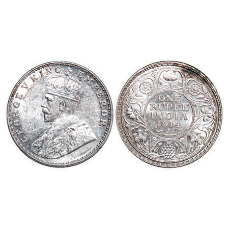 George V, Silver, Rupee, 1914, Bombay Mint, Dot, Raised initials ‘B M’ (Bertram MacKennal)