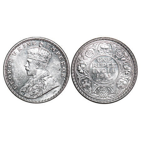 George V, Silver, Rupee, 1915, Calcutta Mint, No dot. F. Prid 211. GK 1031. Uncirculated. 