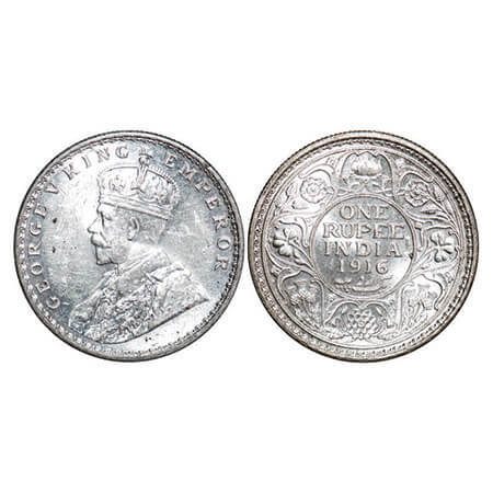 George V, Silver, Rupee, 1916, Calcutta Mint, No dot, Raised initials ‘B M’ (Bertaram MaCk