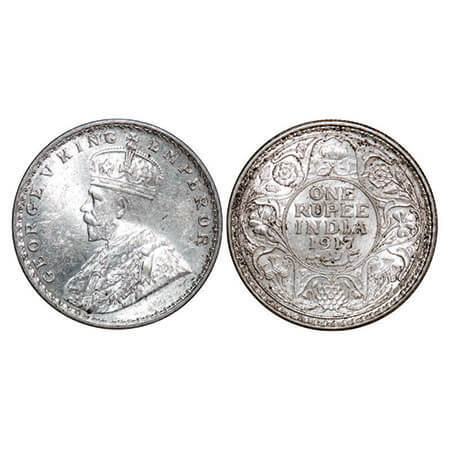 George V, Silver, Rupee, 1917, Calcutta Mint, No dot. F. Prid 213. GK 1035. Uncirculated. 