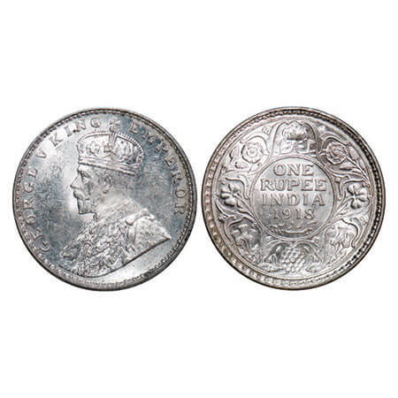 George V, Silver, Rupee, 1918, Calcutta Mint, No dot. F. Prid 214. GK 1037. Mint State. Ve
