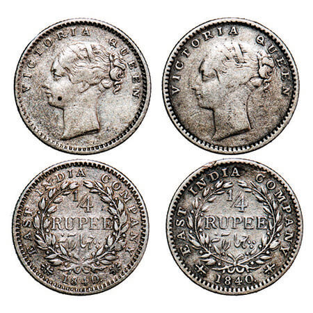 Victoria Queen, Silver, 1/4 Rupee, (2 coins), 1840, CL, 1) Madras Mint, A(a)/I, Normal ‘S’