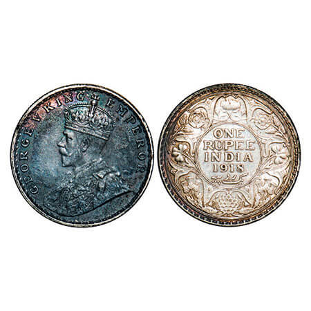 George V, Silver, Rupee, 1918, Bombay Mint, Dot. F. Prid 224. GK 1038. About Uncirculated,